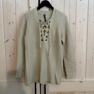 NWOT Design Lab Lord & Taylor Lace-Up Knit Sweater - Cream